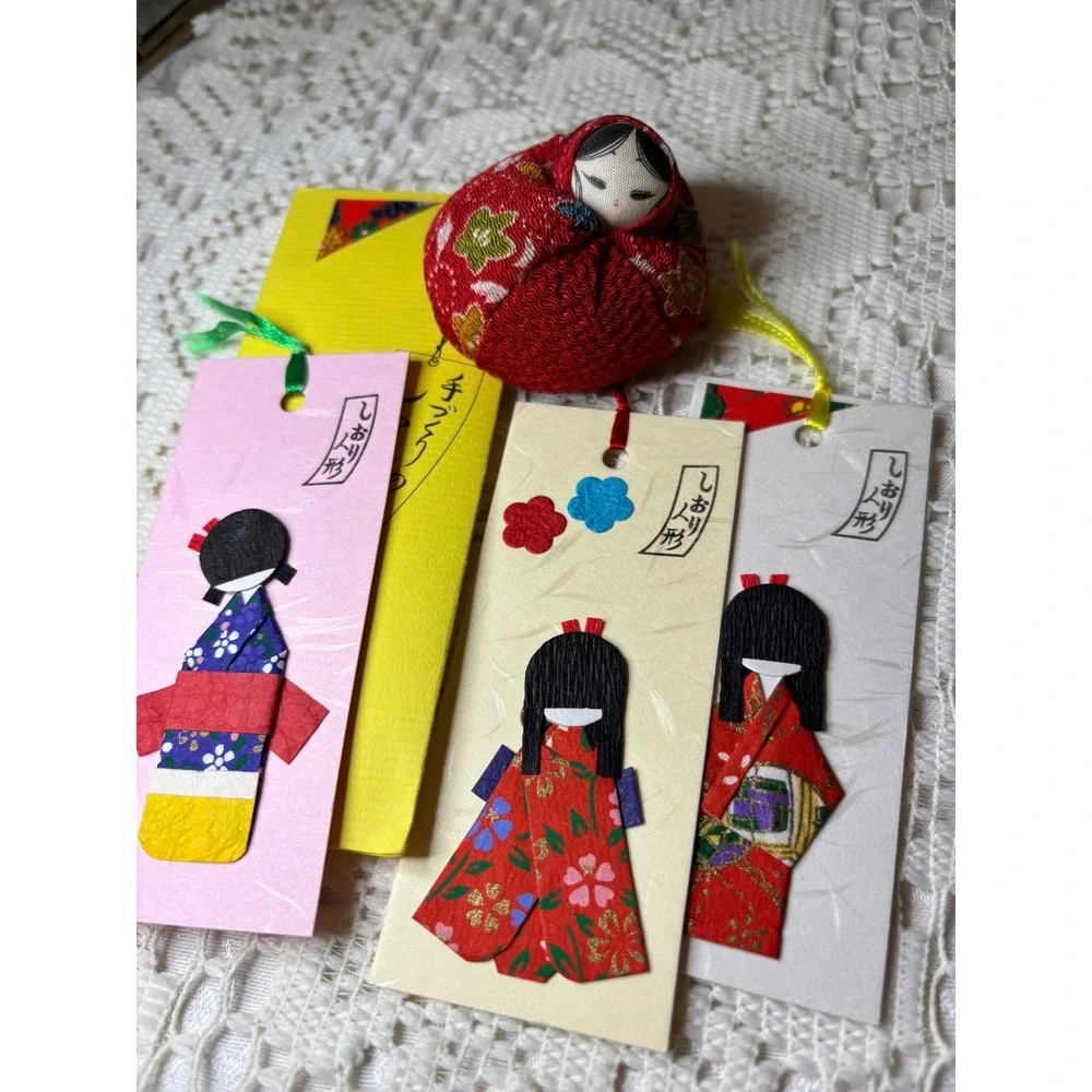 Japanese Washi Paper Doll Bookmark Set and Red Chirimen Fabric Otedama Doll